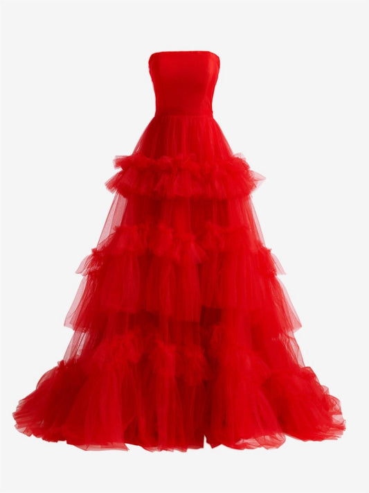 A-line Strapless Ruffled Tulle Evening Dresses