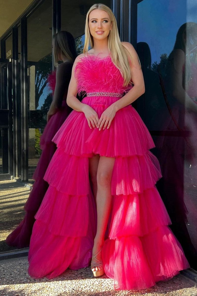 A-line High-Low Strapless Ruffled Tulle Prom Dresses with Feathers