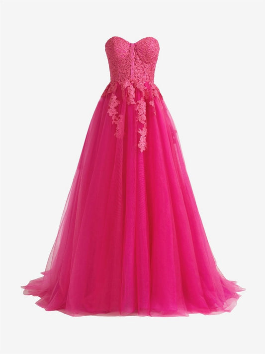 A-line Tulle Lace Strapless Long Prom Dresses