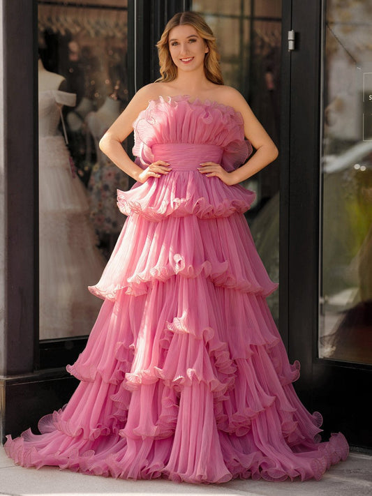 Strapless A-line Tie Crinkled Tulle Prom Dresses