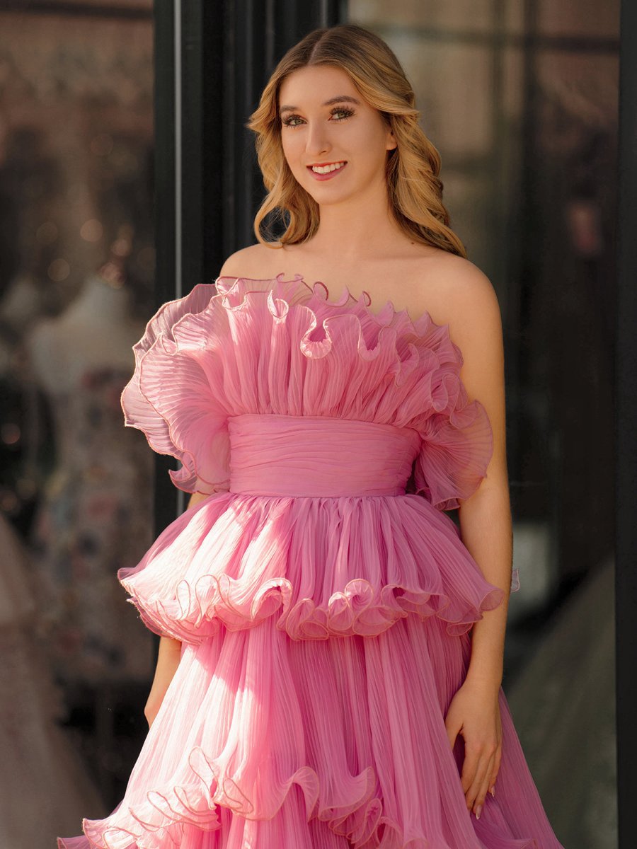 Strapless A-line Tie Crinkled Tulle Prom Dresses