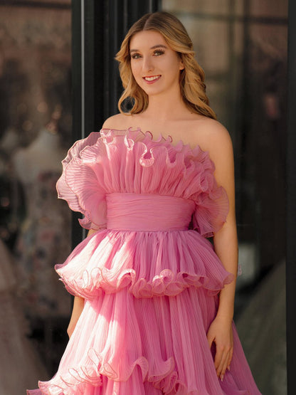 Strapless A-line Tie Crinkled Tulle Prom Dresses