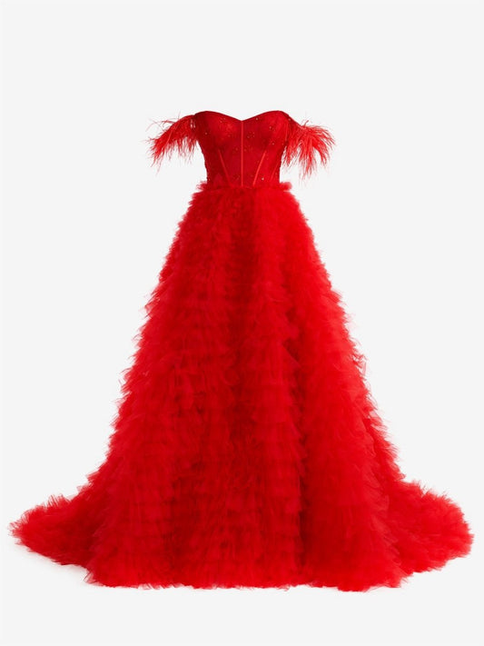 A-line Sweetheart Tie Tulle Long Prom Dresses with Slit