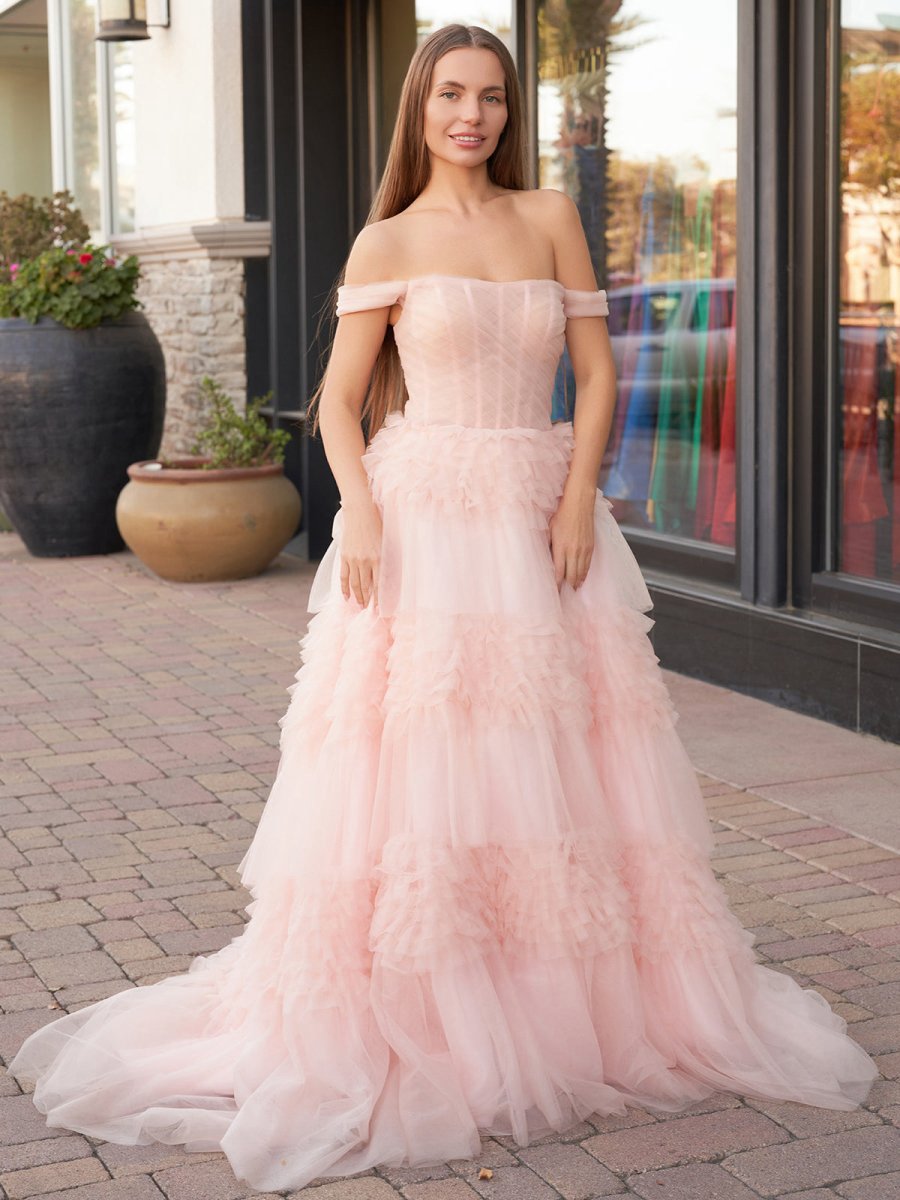 Princess A-line Off Shoulder Ruffled Tulle Prom Dresses