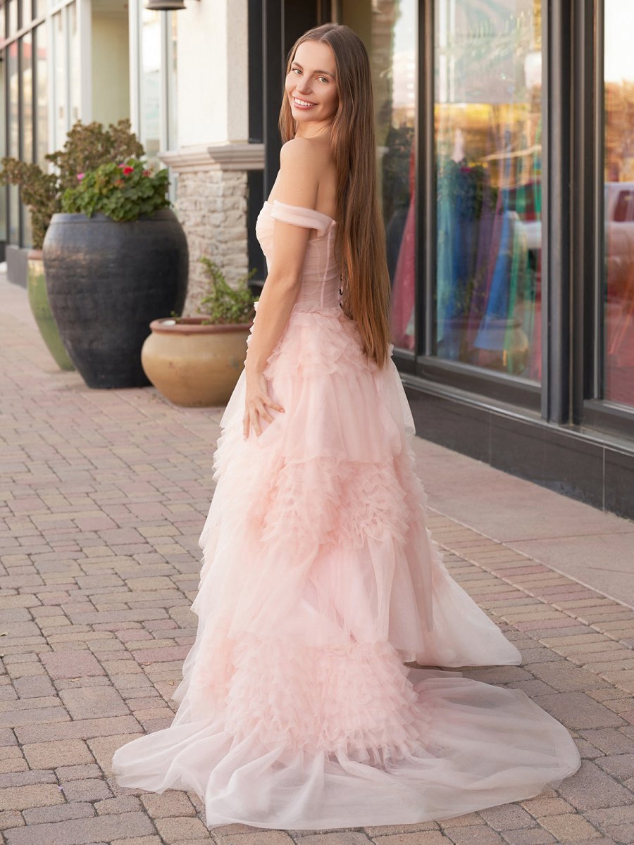 Princess A-line Off Shoulder Ruffled Tulle Prom Dresses