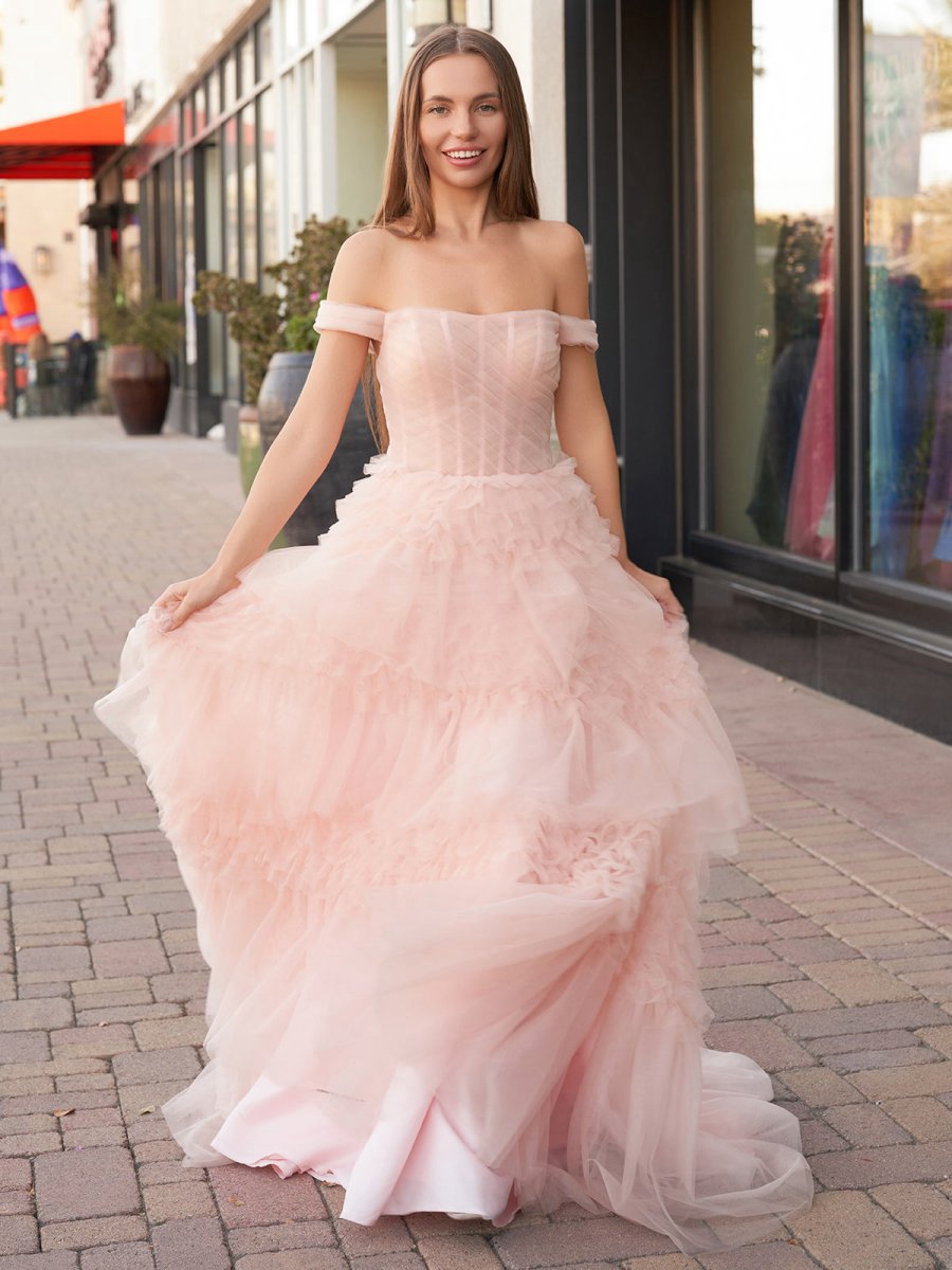 Princess A-line Off Shoulder Ruffled Tulle Prom Dresses