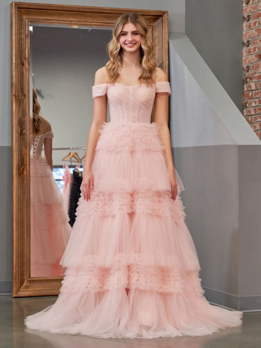 Princess A-line Off Shoulder Ruffled Tulle Prom Dresses