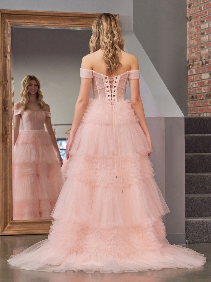 Princess A-line Off Shoulder Ruffled Tulle Prom Dresses