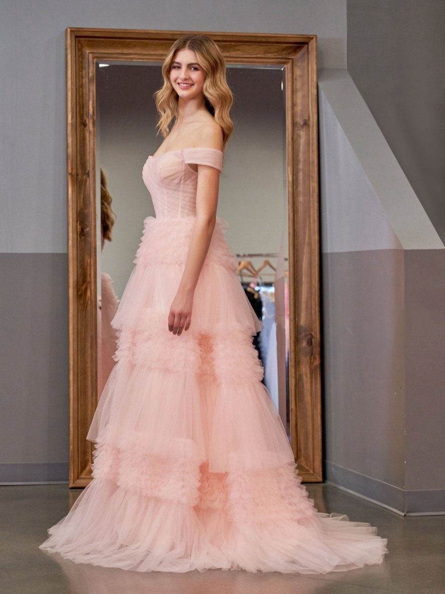 Princess A-line Off Shoulder Ruffled Tulle Prom Dresses