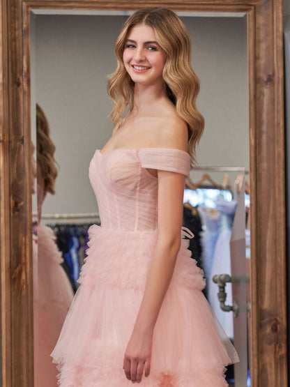 Princess A-line Off Shoulder Ruffled Tulle Prom Dresses