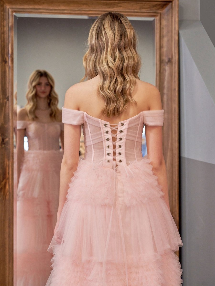 Princess A-line Off Shoulder Ruffled Tulle Prom Dresses