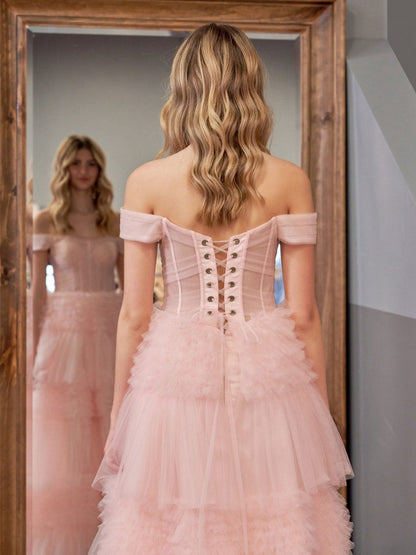 Princess A-line Off Shoulder Ruffled Tulle Prom Dresses