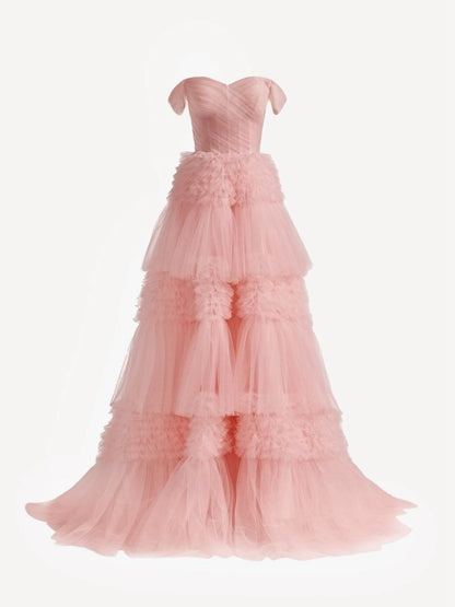 Princess A-line Off Shoulder Ruffled Tulle Prom Dresses