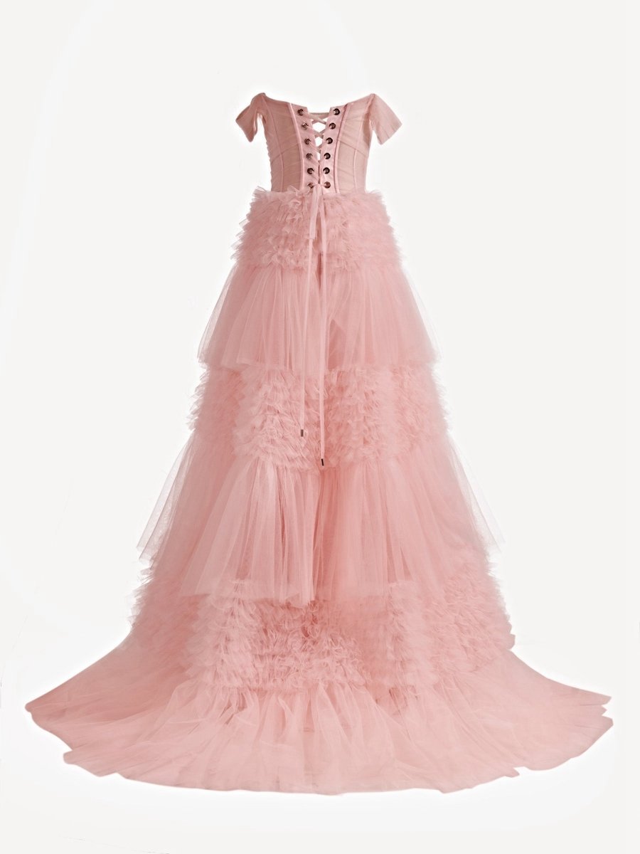 Princess A-line Off Shoulder Ruffled Tulle Prom Dresses