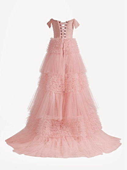 Princess A-line Off Shoulder Ruffled Tulle Prom Dresses