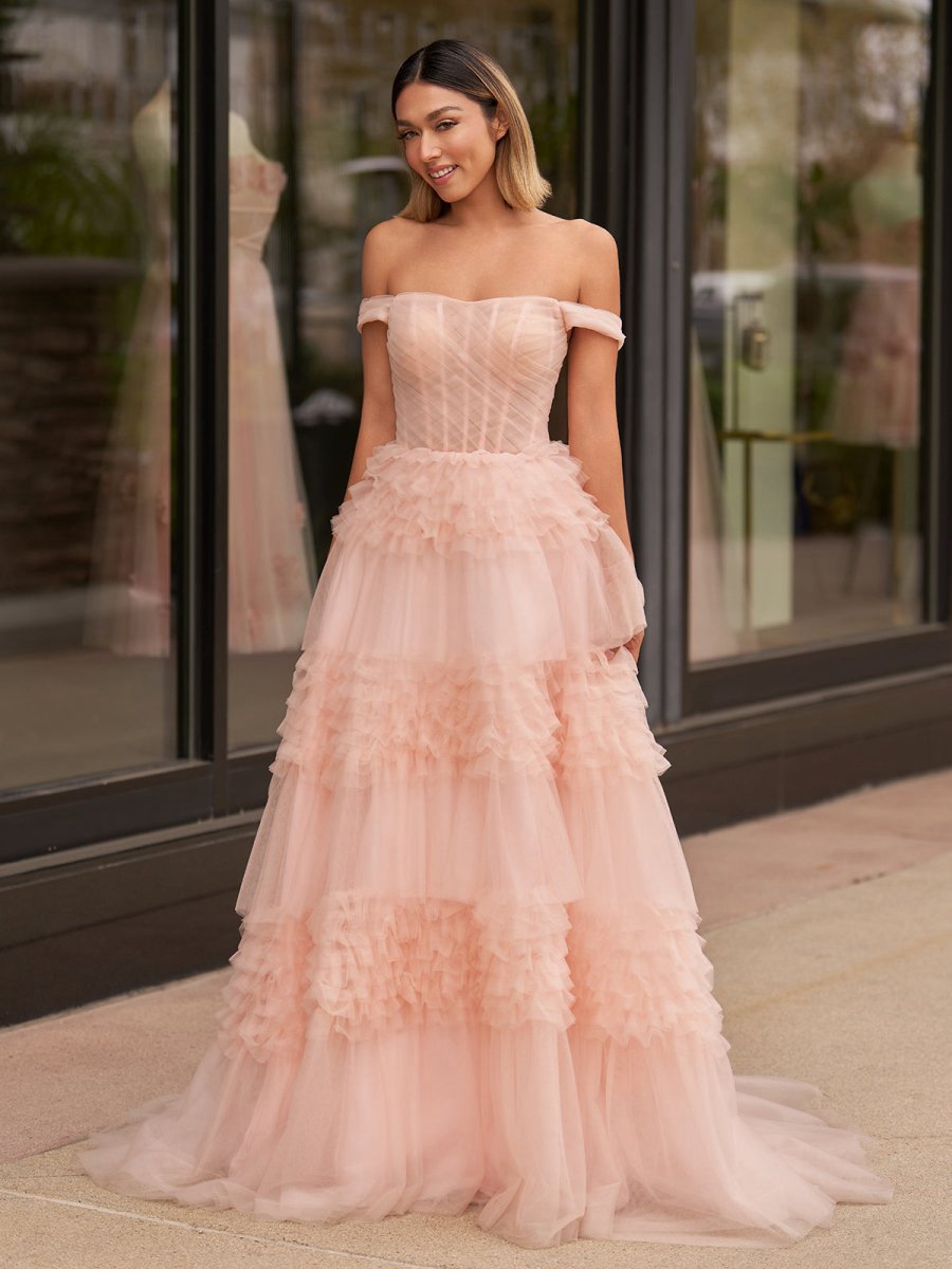 Princess A-line Off Shoulder Ruffled Tulle Prom Dresses