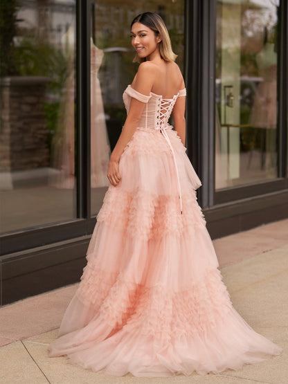 Princess A-line Off Shoulder Ruffled Tulle Prom Dresses