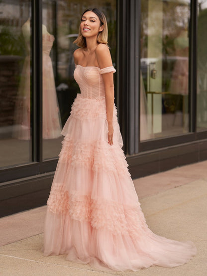Princess A-line Off Shoulder Ruffled Tulle Prom Dresses