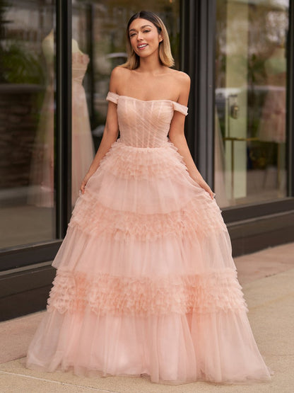 Princess A-line Off Shoulder Ruffled Tulle Prom Dresses