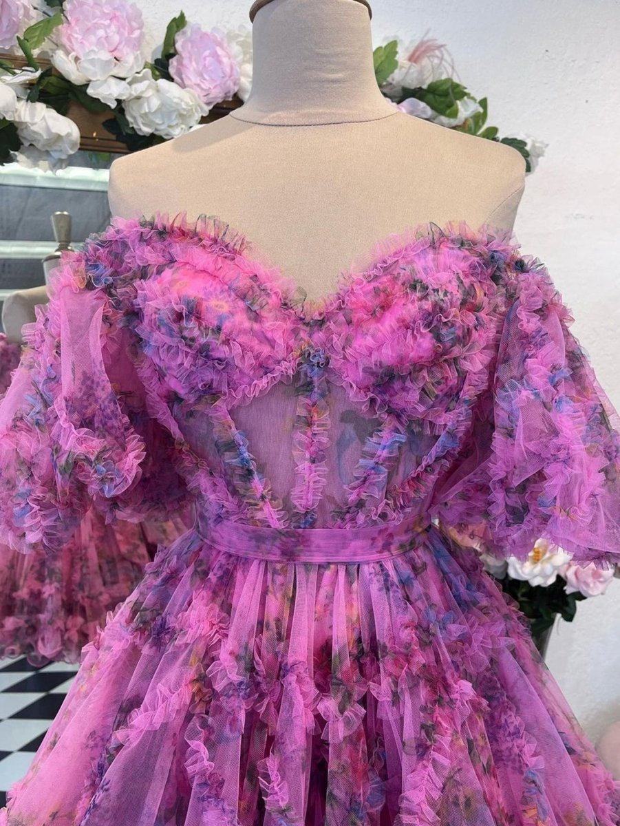 A-line Off the Shoulder Floral Printed Homecoming Dresses