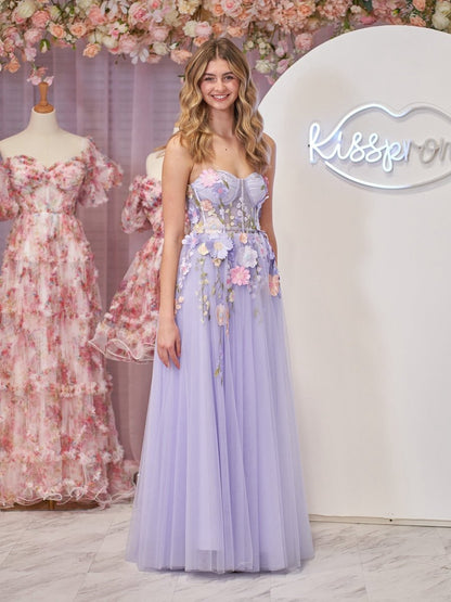A-line Strapless Tulle Homecoming Dresses with 3D Flowers