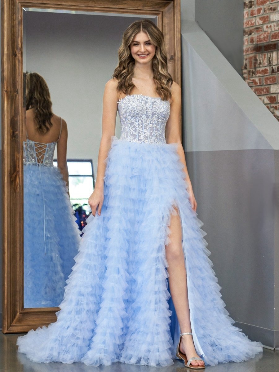 A-line Tie Sequins Tulle Long Prom Dresses