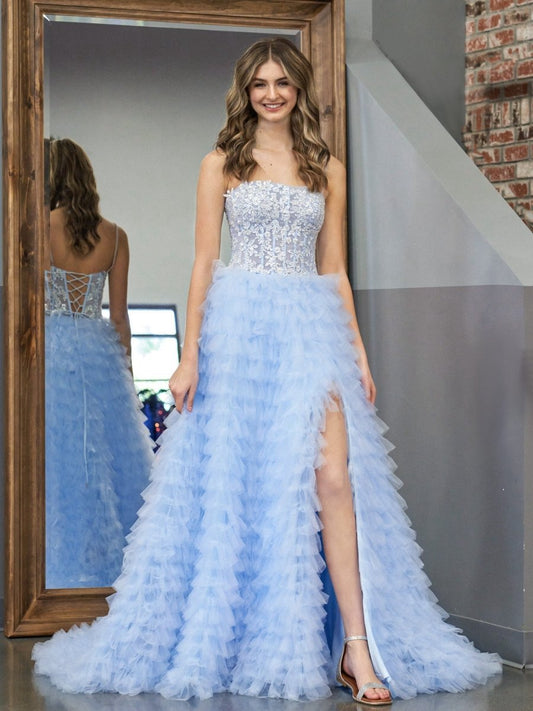 A-line Tie Sequins Tulle Long Prom Dresses
