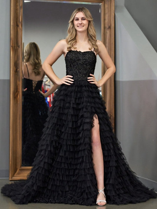A-line Tie Sequins Tulle Long Prom Dresses