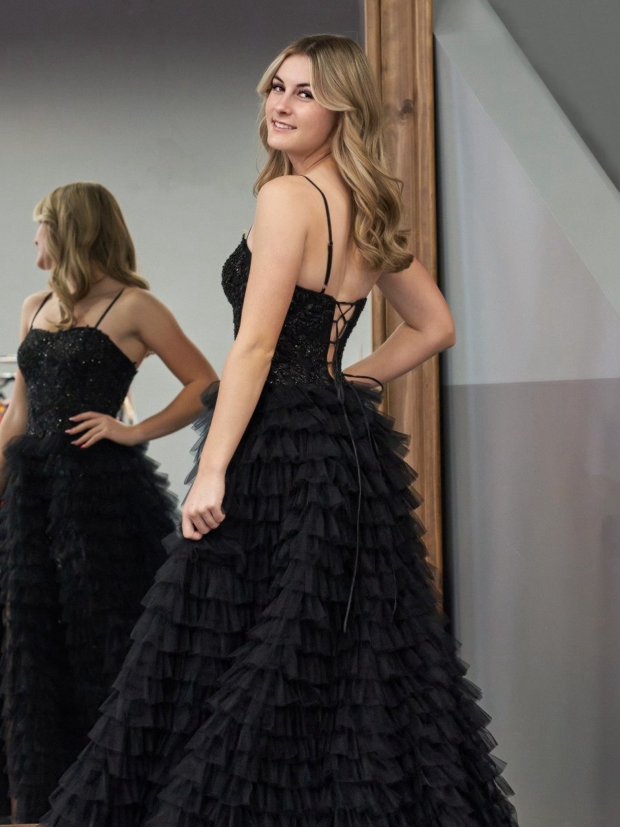 A-line Tie Sequins Tulle Long Prom Dresses