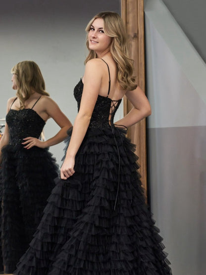 A-line Tie Sequins Tulle Long Prom Dresses
