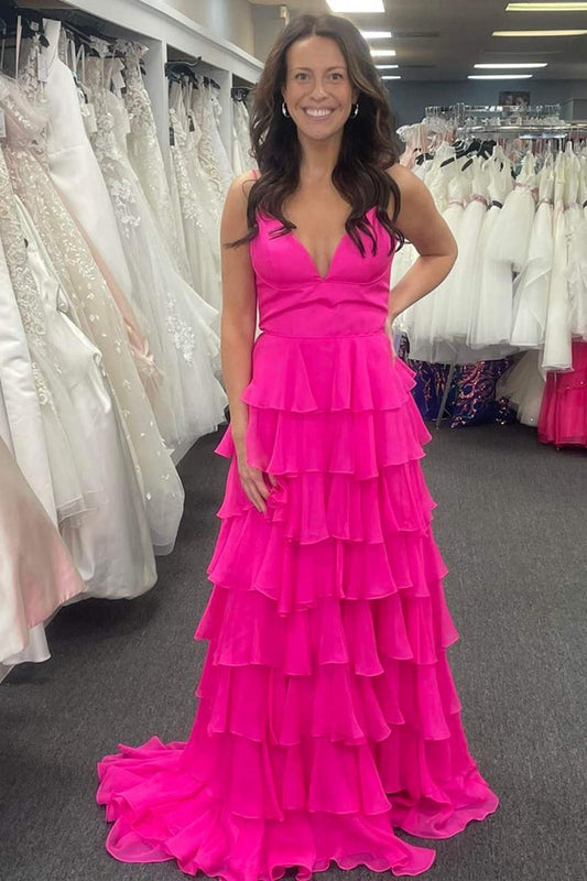 V-Neck Straps Ruffle Chiffon Prom Dresses with Slit