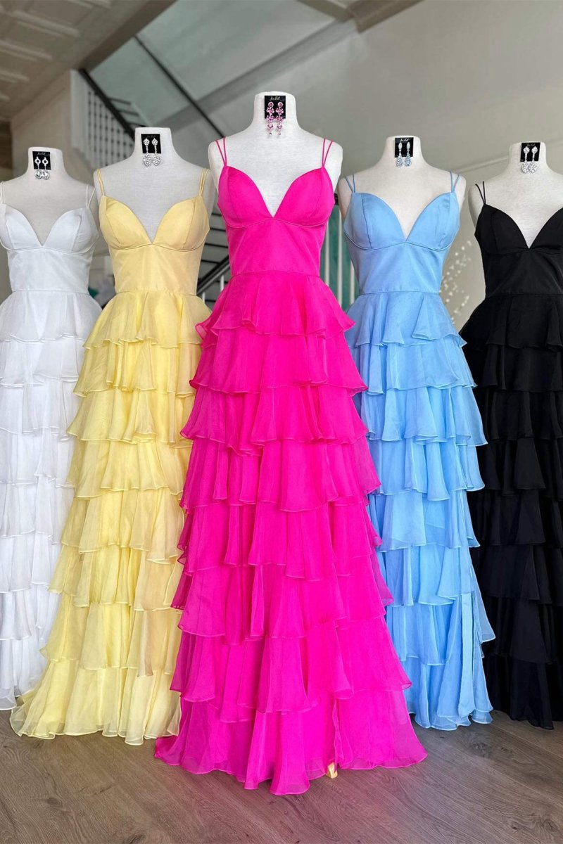 V-Neck Straps Ruffle Chiffon Prom Dresses with Slit