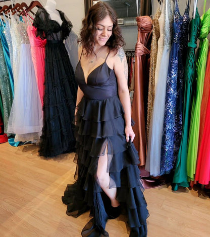 V-Neck Straps Ruffle Chiffon Prom Dresses with Slit