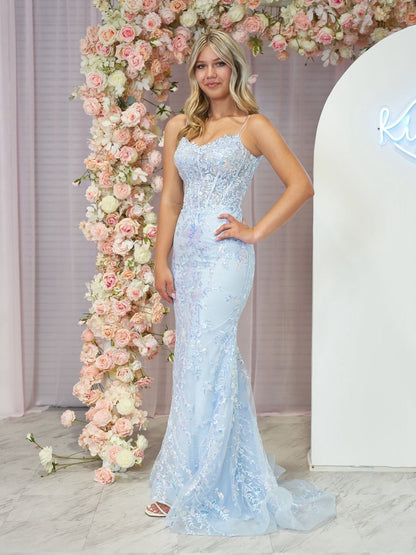 Straps V-Neck Sequin Appliques Mermaid Prom Dresses