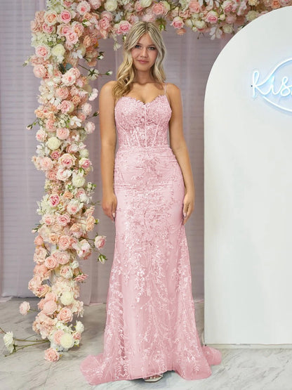 Straps V-Neck Sequin Appliques Mermaid Prom Dresses