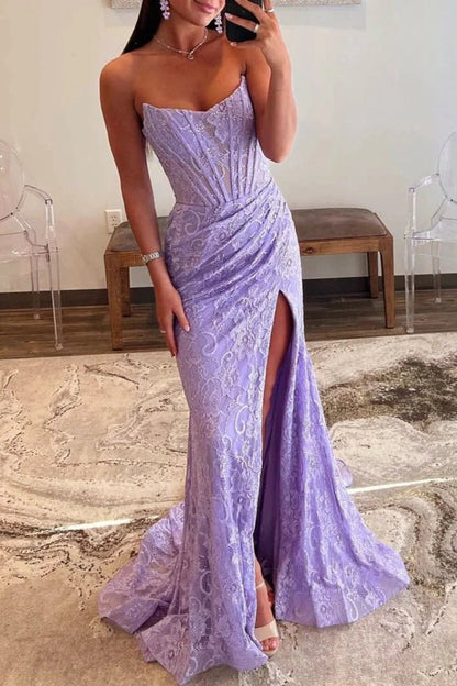 Strapless Lace Ruched Mermaid Prom Dresses with Slit