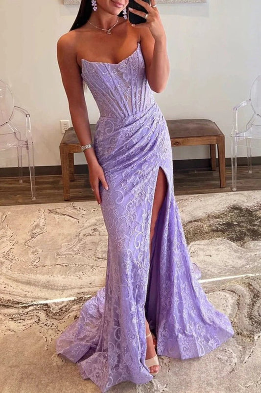 Strapless Lace Ruched Mermaid Prom Dresses with Slit