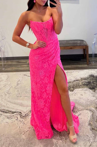 Strapless Lace Ruched Mermaid Prom Dresses with Slit