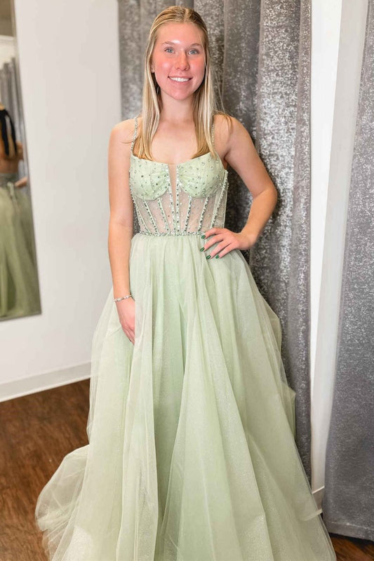 Sage Straps Sequin Beaded A-line Tulle Prom Dresses