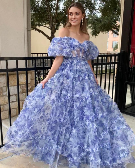 Off the Shoulder Floral Print Ruffled Tulle Prom Dresses
