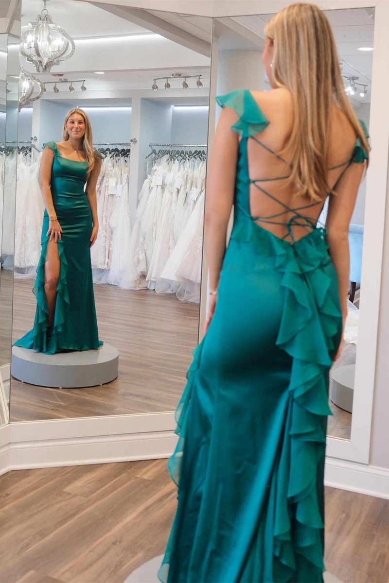 Square Neck Ruffle Slit Prom Dresses