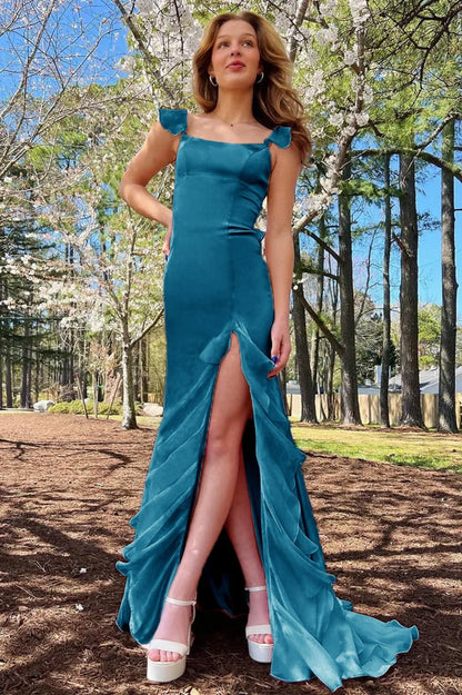 Square Neck Ruffle Slit Prom Dresses