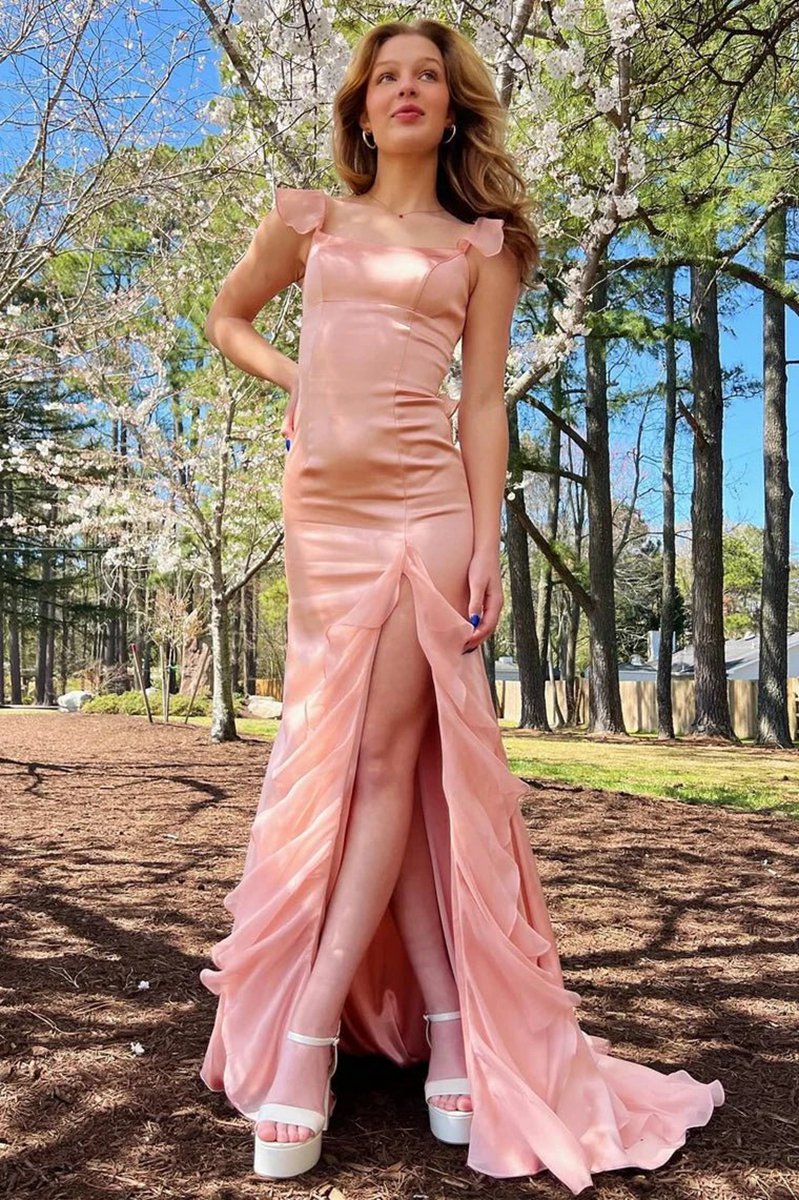 Square Neck Ruffle Slit Prom Dresses
