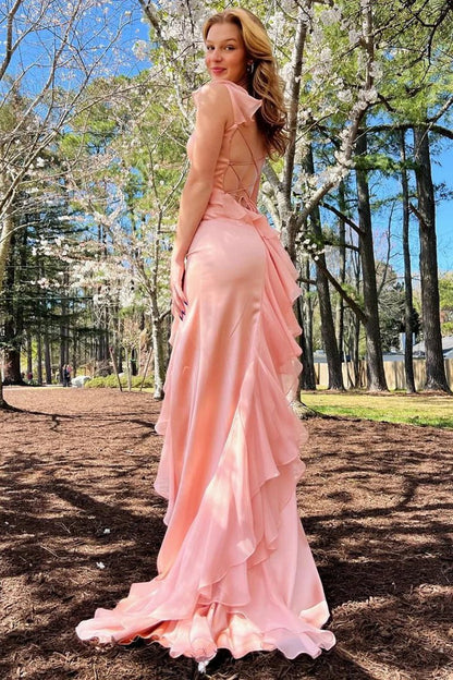 Square Neck Ruffle Slit Prom Dresses