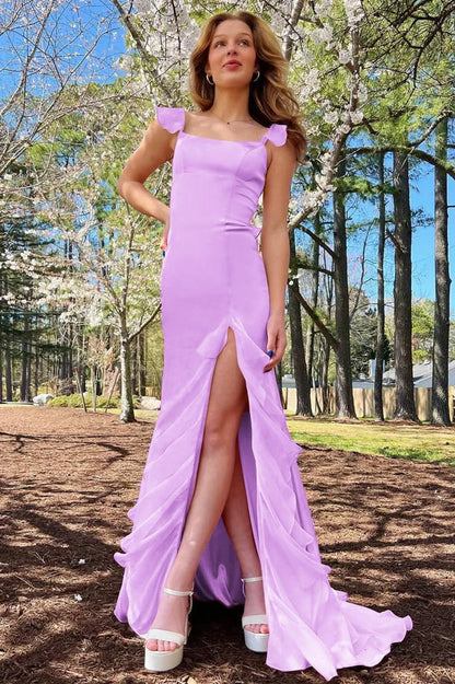 Square Neck Ruffle Slit Prom Dresses