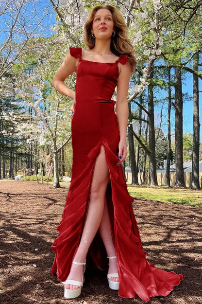 Square Neck Ruffle Slit Prom Dresses