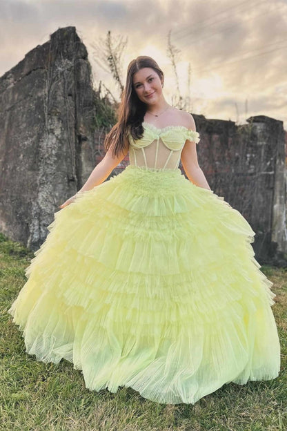 Off the Shoulder Light Ruffle Layered Prom Dresses