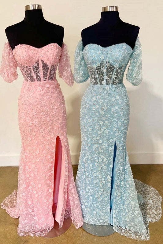 3D Floral Lace Sweetheart Mermaid Long Prom Dresses with Slit