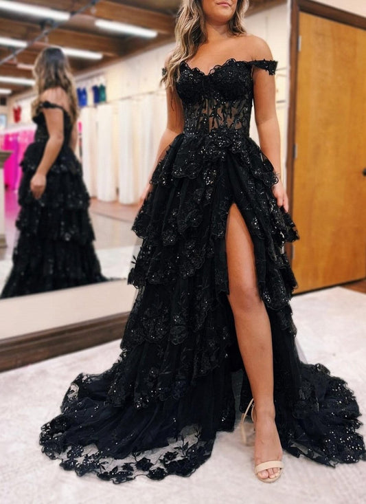 Periwinkle Tulle Appliques Off-the-Shoulder Ruffle Long Prom Dresses