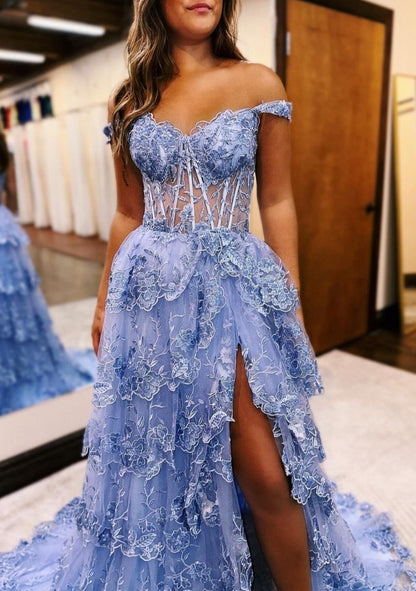 Periwinkle Tulle Appliques Off-the-Shoulder Ruffle Long Prom Dresses